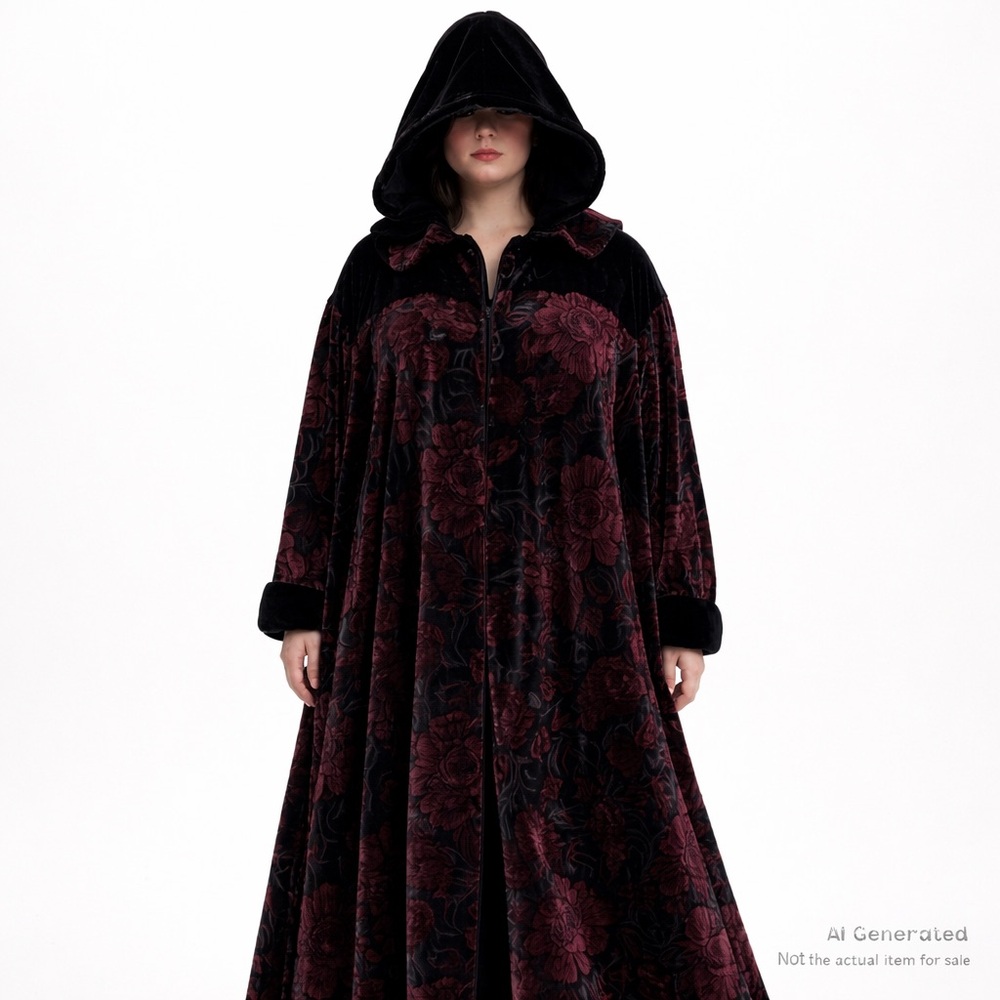 Vintage Hooded Velvet Gothic Coat XL–2X Black Burgundy Floral Lined